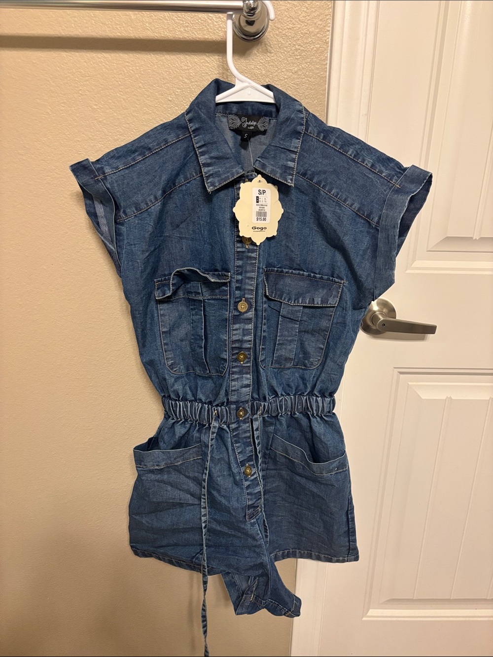 Girls Denim Utility Romper with Elastic Waist - Blue